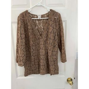 Old Navy XL Blouse Top Brown Floral Lace Sheer Mesh Babydoll V Neck
